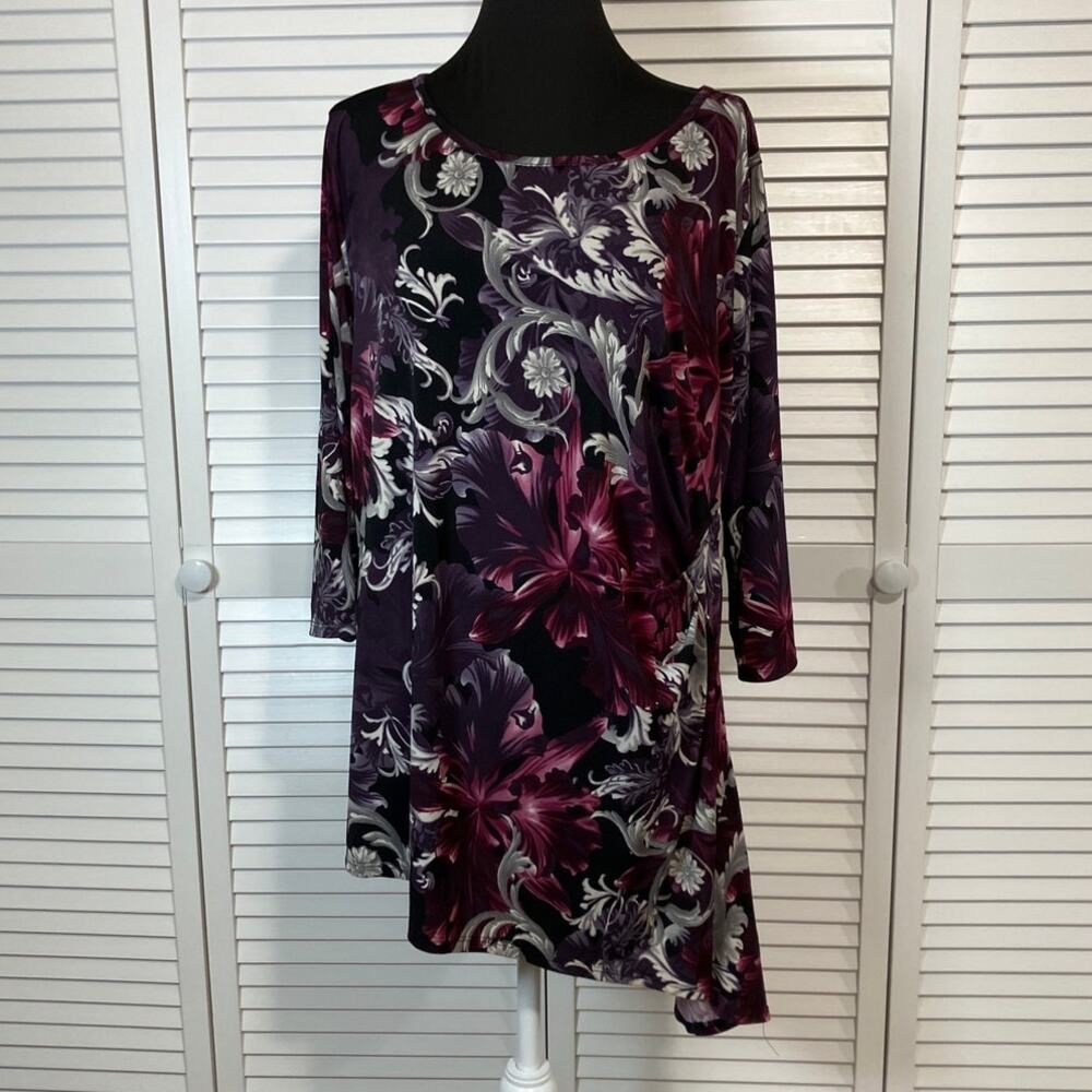 Dressbarn Purple Floral Curvy Flowy Sharkbite Hem Tunic Blouse Women 2X